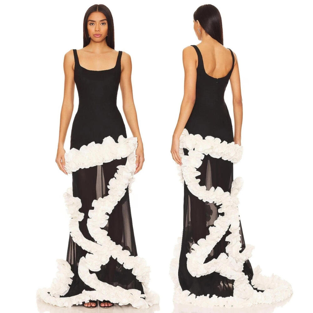 NBD Wisteria Gown Black Maxi Dress with White Floral Ruffle Trim